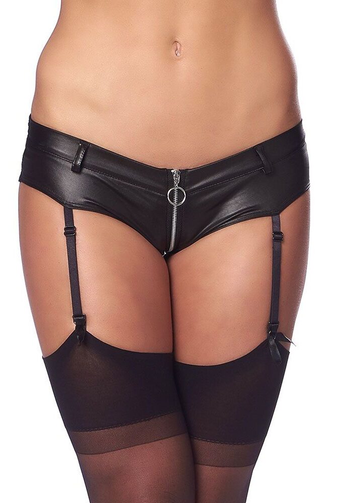 Kinky Black Wetlook Hot Pants With Stockings - S/M