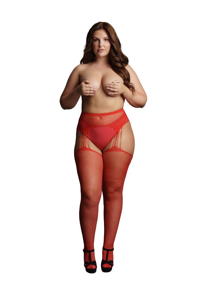 Le Desir Suspender Rhinestone Pantyhose Red UK 14 to 20
