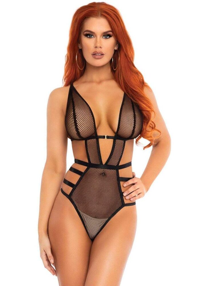 Leg Avenue Fishnet Strappy Gstring Teddy - Large