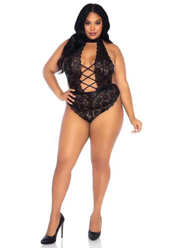 Leg Avenue Floral Lace Crotchless Teddy Black UK 14 to 18