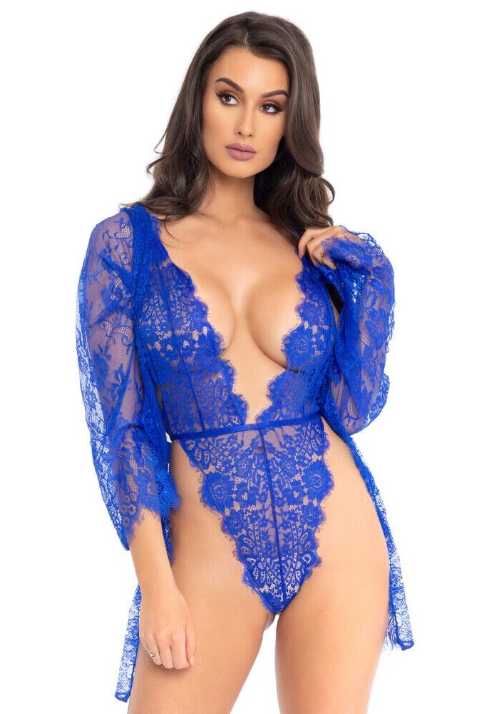 Leg Avenue Floral Lace Teddy and Robe Blue - Large