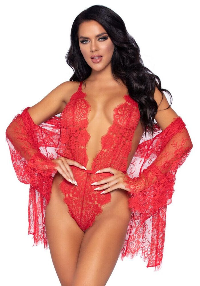 Leg Avenue Floral Lace Teddy and Robe Red - Small