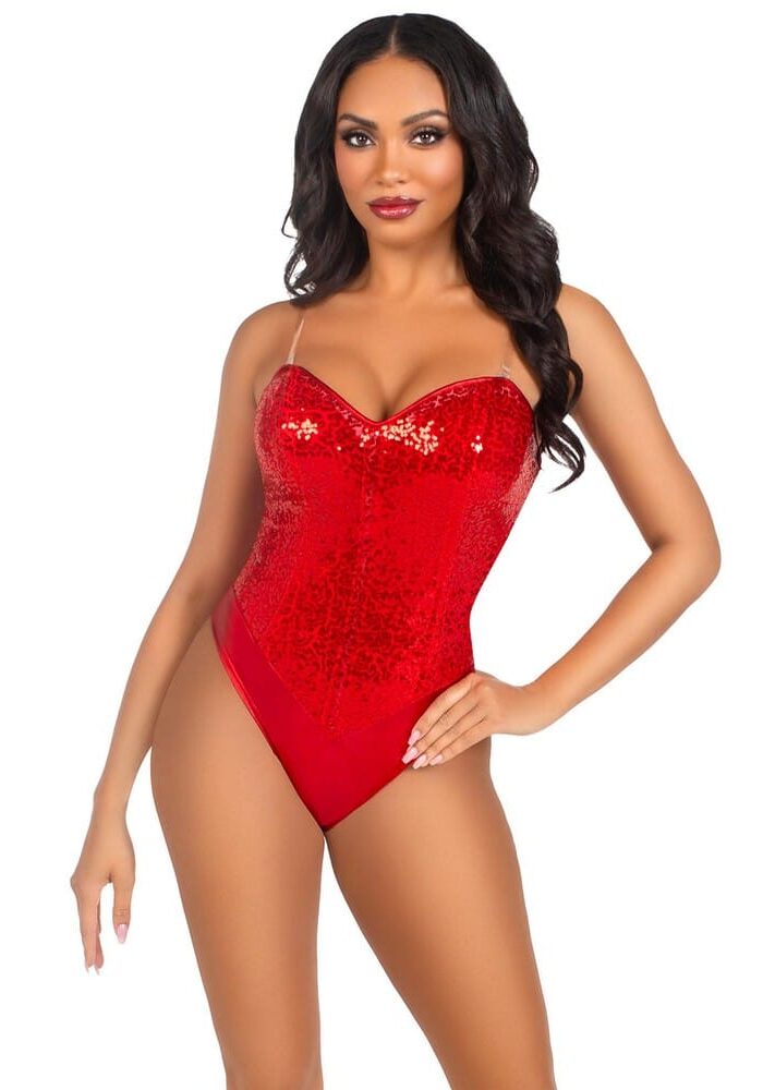 Leg Avenue Sequin Boned Bodysuit Red