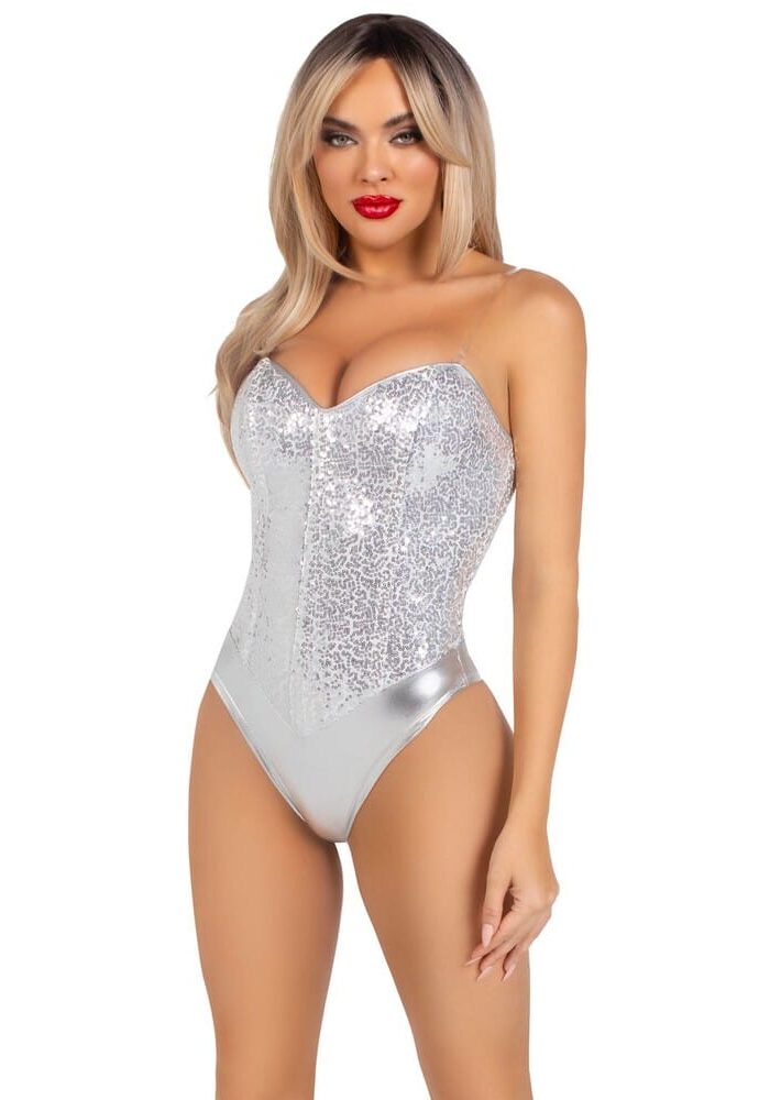 Leg Avenue Sequin Boned Bodysuit Silver