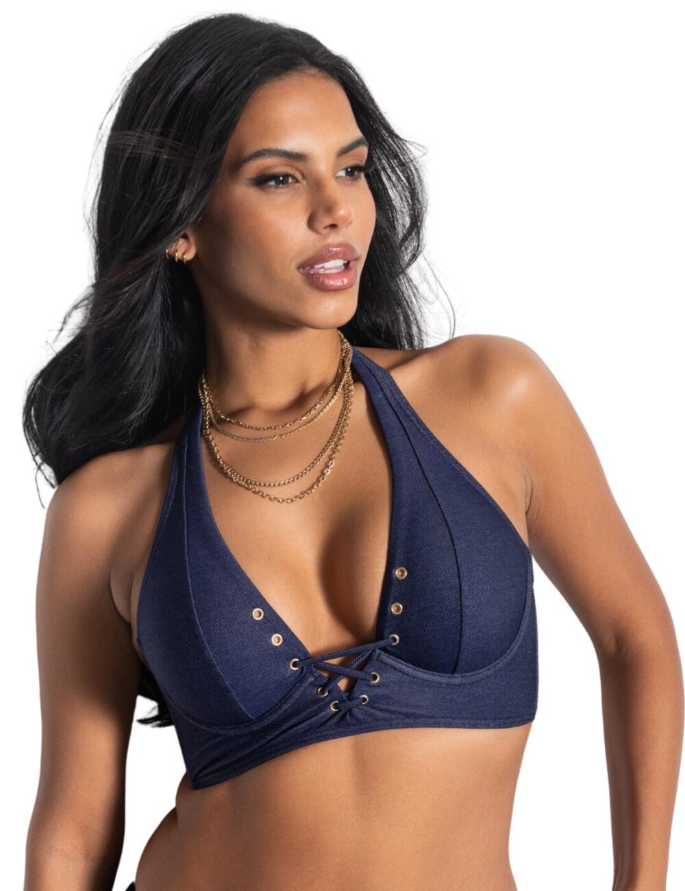 Pour Moi Adelaide Denim Lace Up Longline Bikini Top - Blue - 38D