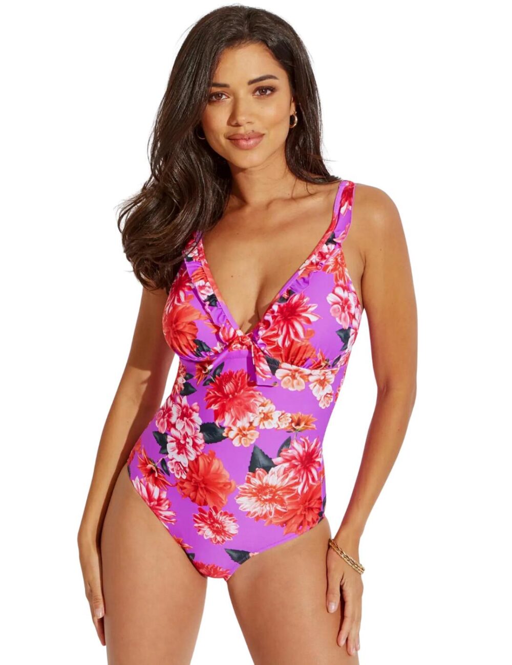 Pour Moi Getaway Frill Control Swimsuit - Ultraviolet Floral - XS - 8