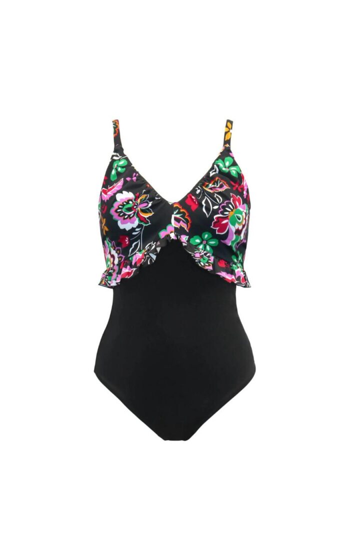 Pour Moi Hot Spots Frill Tummy Control Swimsuit - Black Multi - S - 10
