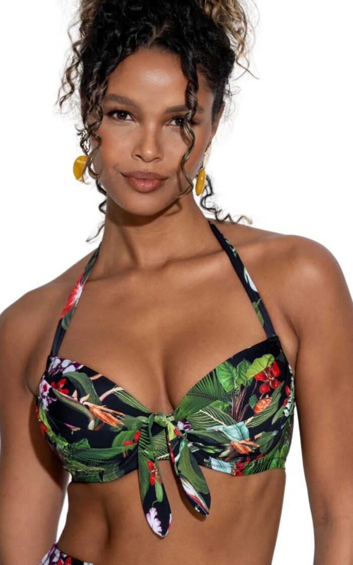 Pour Moi Palermo Padded Halter Bikini Top - Black Tropical - 32C