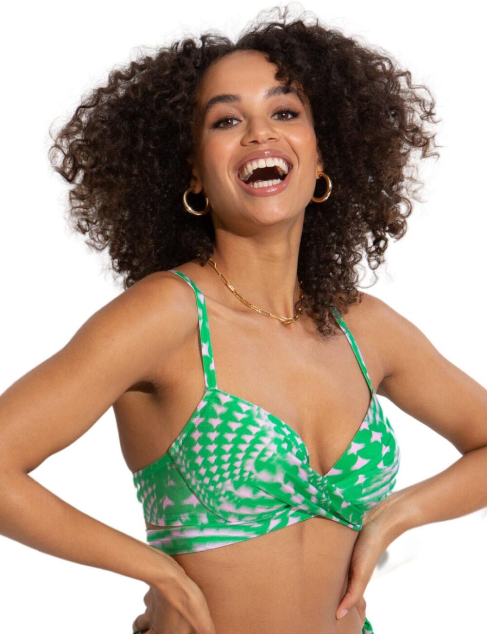 Pour Moi Portofino Lightly Padded Tie Wrap Bikini Top - Green/Pink - 32B