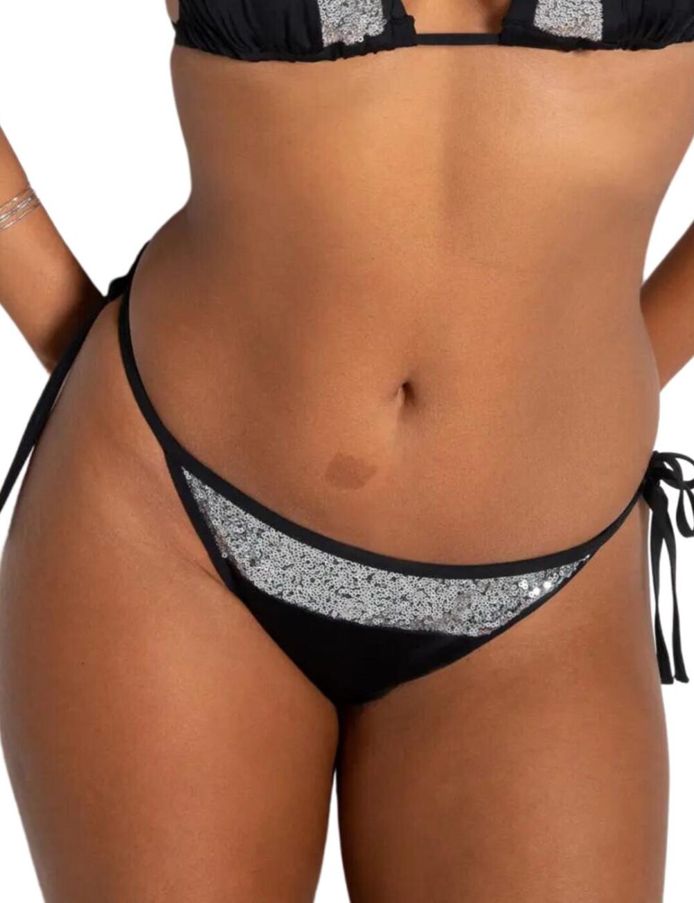 Pour Moi Sea Queen Sequin Tie Side Bikini Brief - Black/Silver - XS - 8