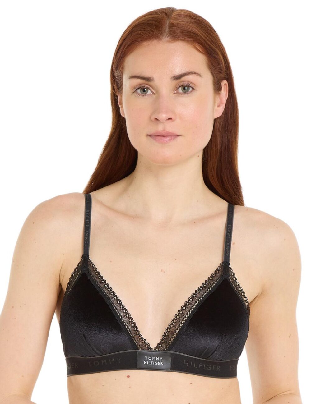 Tommy Hilfiger TH Lace Trim Velour Triangle Bralette - Black - XS - 8