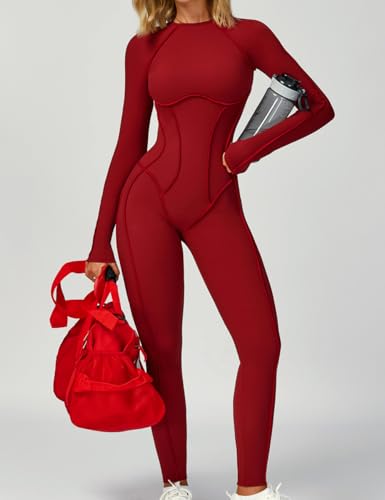 Alternative view of AEEZO Womens Sexy Blackless Long Sleeve Padded Workout Jumpsuit Contour Stitch Yoga Rompers One Piece Tummy Control Bodysuit