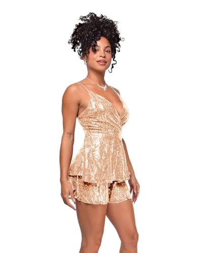 Aelidiya Womens Spaghetti Strap Sequin Rompers Sexy Wrap V Neck Ruffle Shorts Jumpsuits One Piece Party Concert Outfit - Image 3
