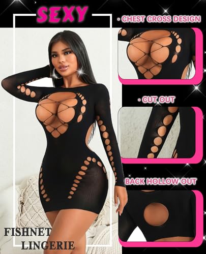 Avidlove Fishnet Lingerie for Women Sexy Long Sleeve Mesh Badydoll Chemise Lingeries Dress Hollow Out Outfits - Image 3