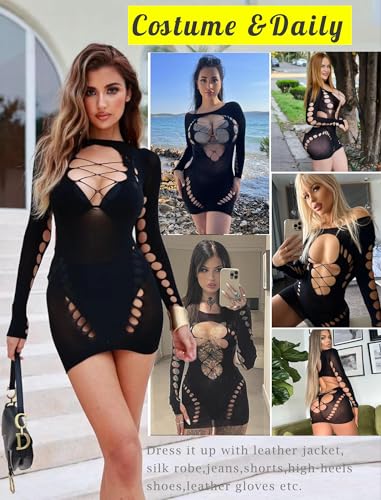 Avidlove Fishnet Lingerie for Women Sexy Long Sleeve Mesh Badydoll Chemise Lingeries Dress Hollow Out Outfits - Image 5