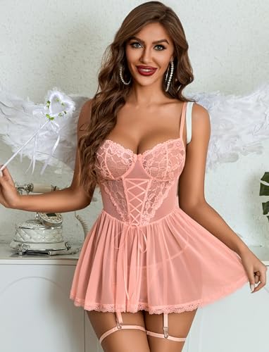 Avidlove Lingerie for Women Sexy Lace Babydoll Mesh Chemise Boudoir Nighty with Garter Belt - Image 3