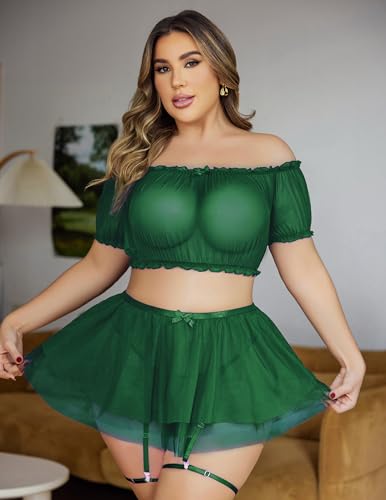 Avidlove Plus Size Garter Lingerie Set Mesh Ruffle Cosplay Lingerie with Mini Skirt 3 Piece Lingerie Set - Image 4
