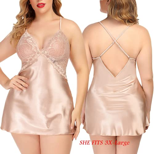 Avidlove Plus Size Lace Lingerie For Women Satin Chemises V Neck Nightgown - Image 4