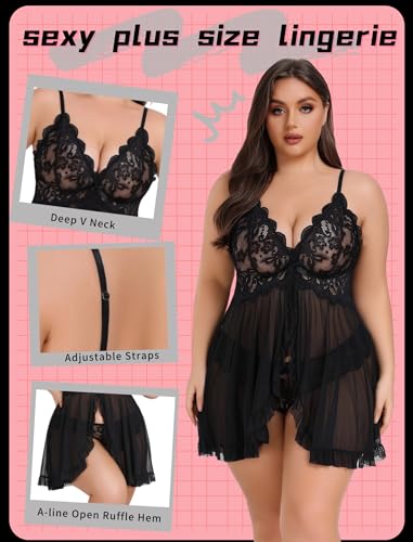 Avidlove Plus Size Lingerie for Women Sexy Lingerie Dress Lace Babydoll Lingerie V-Neck Open Front Strap Nightdress - Image 5