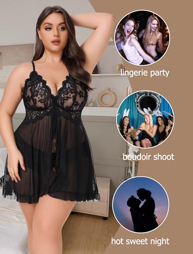 Avidlove Plus Size Lingerie for Women Sexy Lingerie Dress Lace Babydoll Lingerie V-Neck Open Front Strap Nightdress - Image 7