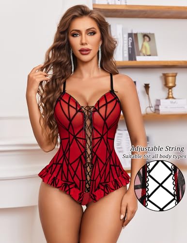 Alternative view of Avidlove Sexy Floral Print Corset Ruffle Lace Up Lingerie for Women Criss Cross Teddy Mini Bodysuit