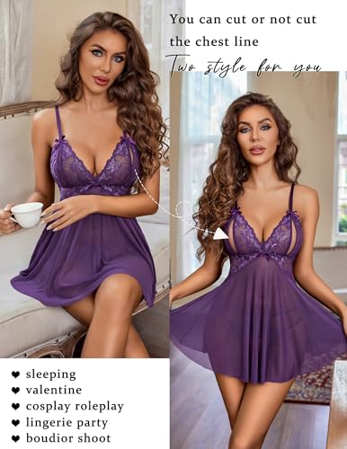 Avidlove Sexy Lingerie for Women Lace Babydoll Chemise V Neck Mesh Nightwear Boudoir Outfits - Image 4