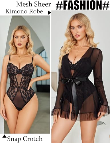 Avidlove Women Sexy Lingerie Set 2 Piece Sheer Kimono Robe with Lace Teddy Lingerie Bodysuit - Image 3