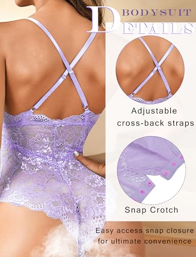 Avidlove Women Snap Crotch Lingerie Sexy Lace Bodysuit Deep V Teddy One Piece Lace Babydoll - Image 3