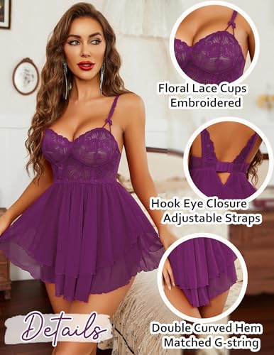 Avidlove Womens Babydoll Lingerie Lace Chemise Floral Sexy Nightgown Embroidered Lingerie Dress Boudoir Nightie - Image 6
