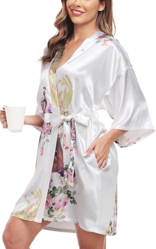 BestWendding Women's Short Satin Robes Bride Bridesmaid Silky Robes Lightweight Kimonos Peacock and Floral Dressing Gown - Image 3
