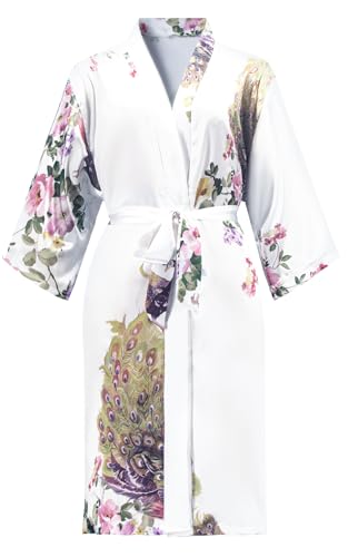 BestWendding Women's Short Satin Robes Bride Bridesmaid Silky Robes Lightweight Kimonos Peacock and Floral Dressing Gown - Image 4