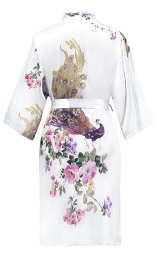 BestWendding Women's Short Satin Robes Bride Bridesmaid Silky Robes Lightweight Kimonos Peacock and Floral Dressing Gown - Image 5