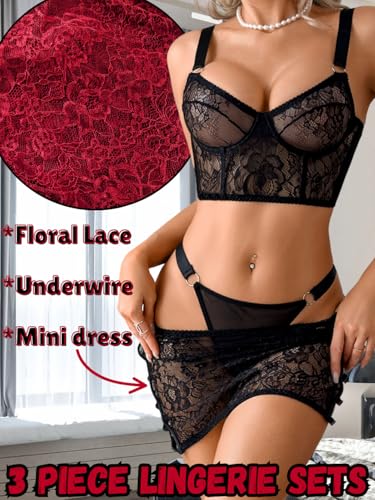 Bustier Lingerie Skirt Set,Floral Lace Bra And Panty Set,3 Piece Sexy Date Night Outfits For Women - Image 3