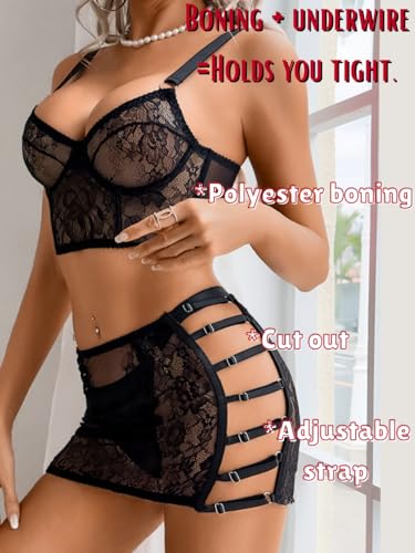 Bustier Lingerie Skirt Set,Floral Lace Bra And Panty Set,3 Piece Sexy Date Night Outfits For Women - Image 5