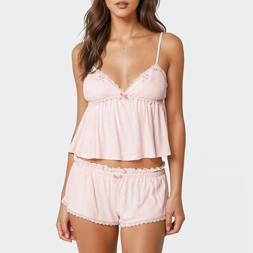 Cute Pajama Sets for Women Lace Trim Sleeveless Cami Tank Top Shorts 2 Piece Pj Set Sexy Summer Matching Loungewear - Image 3