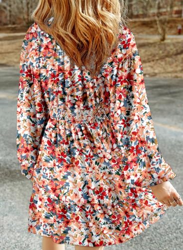 Dokotoo Fall Dresses for Women 2025 Boho Floral V Neck Long Sleeve Smocked Elastic Waist Casual A-Line Mini Dress Sundress - Image 3
