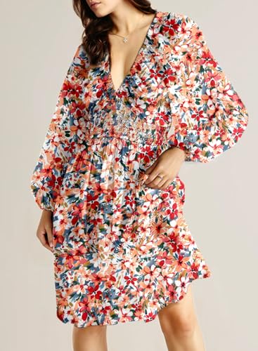 Dokotoo Fall Dresses for Women 2025 Boho Floral V Neck Long Sleeve Smocked Elastic Waist Casual A-Line Mini Dress Sundress - Image 4