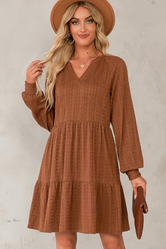 Dokotoo Fall Dresses for Women 2025 Long Sleeve V Neck Textured Casual Lightweight Tiered Ruffle A-Line Mini Babydoll Dress - Image 3