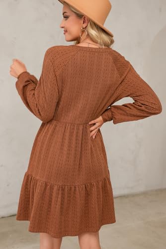 Dokotoo Fall Dresses for Women 2025 Long Sleeve V Neck Textured Casual Lightweight Tiered Ruffle A-Line Mini Babydoll Dress - Image 4