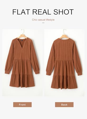 Dokotoo Fall Dresses for Women 2025 Long Sleeve V Neck Textured Casual Lightweight Tiered Ruffle A-Line Mini Babydoll Dress - Image 6