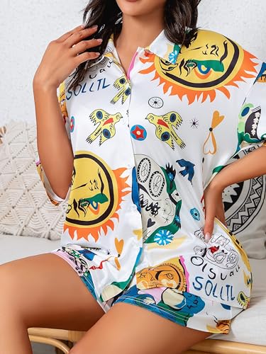 Donnalla Pajamas for Women Set 2 Piece Loungewear Set Collared Short Sleeve Lounge Sets Graffiti Pjs Spring Outfits - Image 3