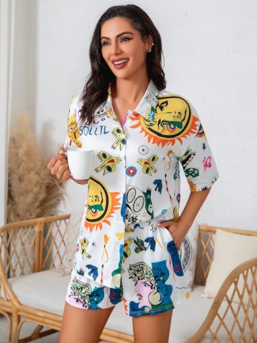 Donnalla Pajamas for Women Set 2 Piece Loungewear Set Collared Short Sleeve Lounge Sets Graffiti Pjs Spring Outfits - Image 4