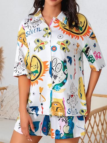 Donnalla Pajamas for Women Set 2 Piece Loungewear Set Collared Short Sleeve Lounge Sets Graffiti Pjs Spring Outfits - Image 6