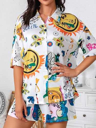 Donnalla Pajamas for Women Set 2 Piece Loungewear Set Collared Short Sleeve Lounge Sets Graffiti Pjs Spring Outfits - Image 7