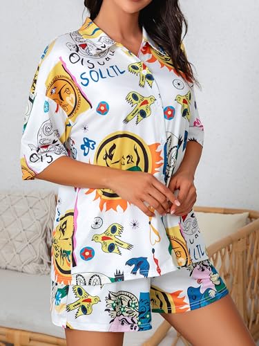 Donnalla Pajamas for Women Set 2 Piece Loungewear Set Collared Short Sleeve Lounge Sets Graffiti Pjs Spring Outfits - Image 8