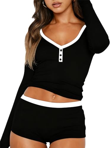 Dressmine Cute Pj Sets Woman 2 Piece Fall Pajamas Lounge Sleep Set Long Sleeve Shorts Button V Neck Comfy Sleepwear Pjs - Image 4