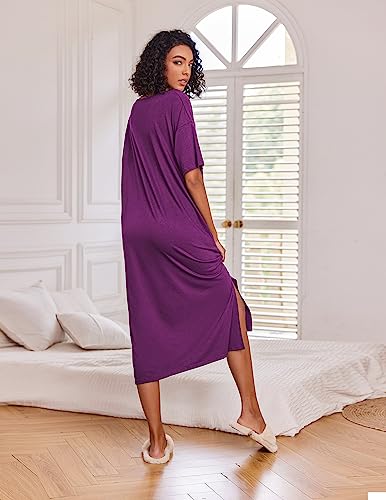 Ekouaer Long Nightgown for Women Short Sleeve Sleepwear Plus Size Loungewear with Pockets M-XXXL - Image 6