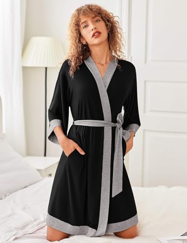 Ekouaer Robes for Women Knee Length Bathrobe Lightweight Kimono Robe 3/4 Sleeve Knit Sleepwear with Pockets - Image 3