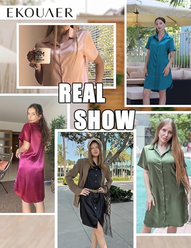 Ekouaer Satin Nightshirt for Women Button Down Nightgown Silk Short Sleeve Sleepshirt Notch Collar Sleepwear S-3XL - Image 7