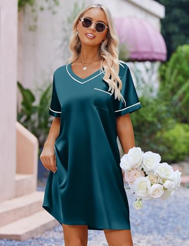 Ekouaer Satin Silk Nightgown for Women Silky Loose Sleepwear V Neck Nightshirt Short Sleeve Sleep Dress - Image 4